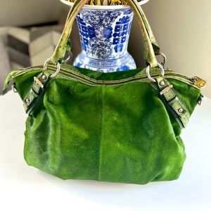 Emerald green calf hair tote handbag